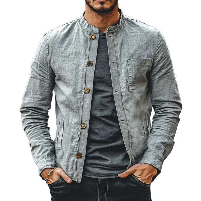 Men's Solid Cotton and Linen Single-breasted Jacket 9906102141112