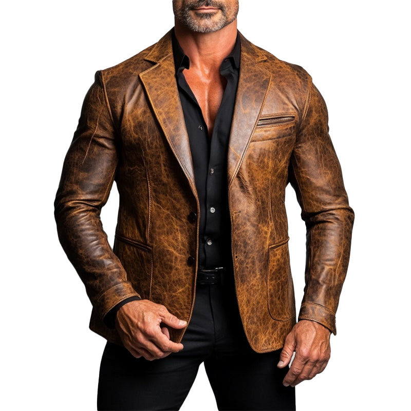 Men's Retro PU Leather Notched Lapel Single Breasted Long Sleeve Blazer 9903586574520