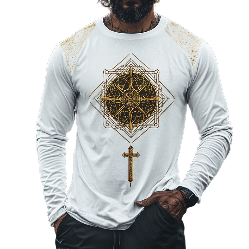 Men's Retro Casual Ethnic Style Geometric Printed Round Neck Long Sleeve T-Shirt 9899719819448