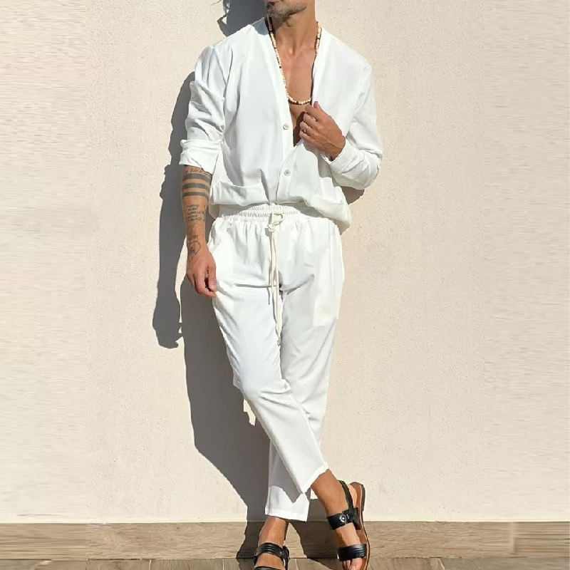 Men's Casual Cotton V-Neck Long Sleeve Shirt Elastic Waist Straight Pants Set 9907264520376