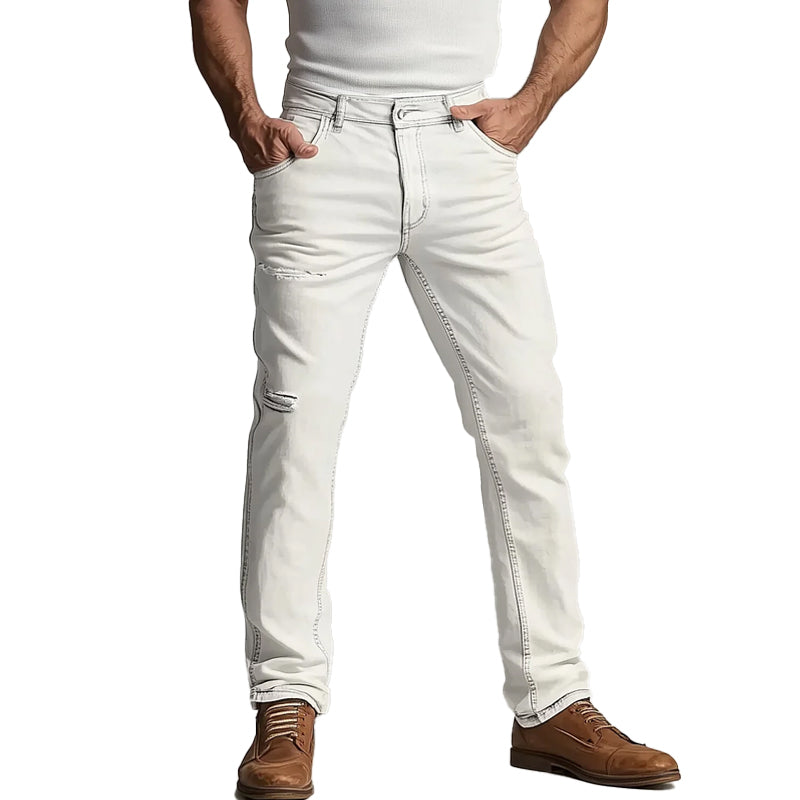 Men's Solid Slant Pocket Straight Leg Ripped Denim Jeans 9899608178872