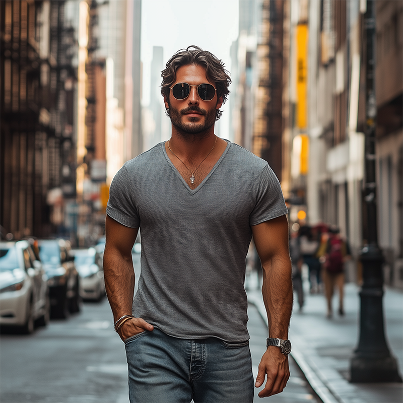 Men's Classic Casual Slim Fit Knit Deep V Neck T-Shirt 9907265077432