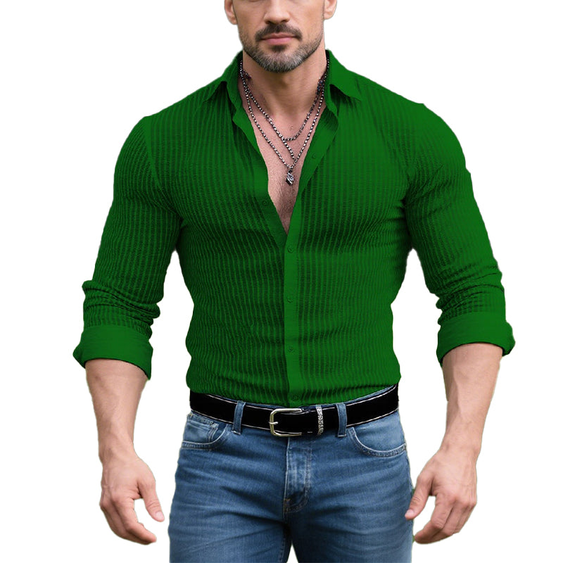 Men's Solid Color Striped Lapel Long Sleeve Shirt 9261775323320