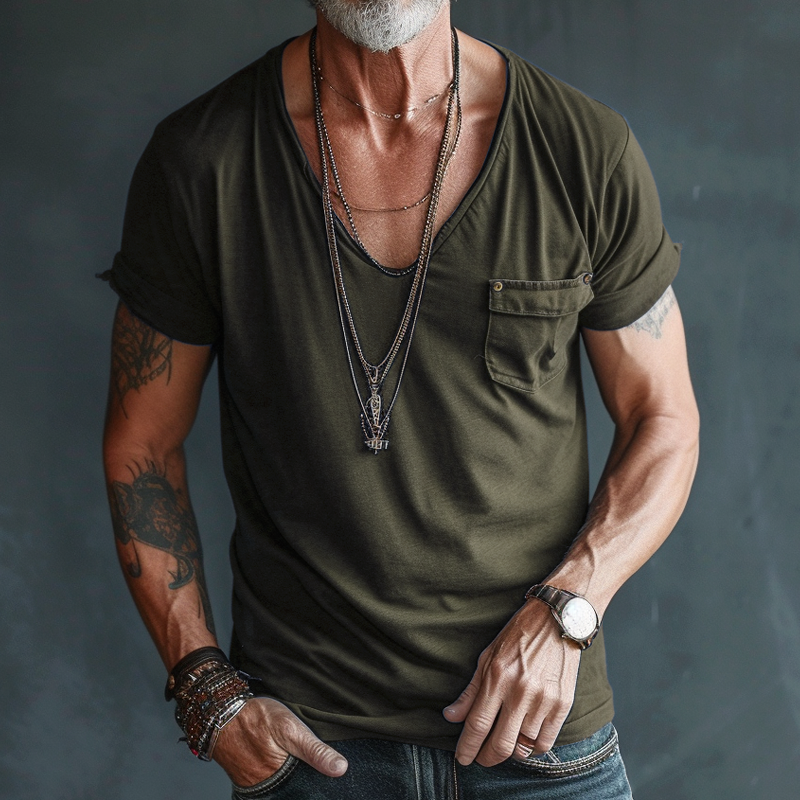 Men's V Neck Breast Pocket Short Sleeve Cargo T-shirt 9261116817592