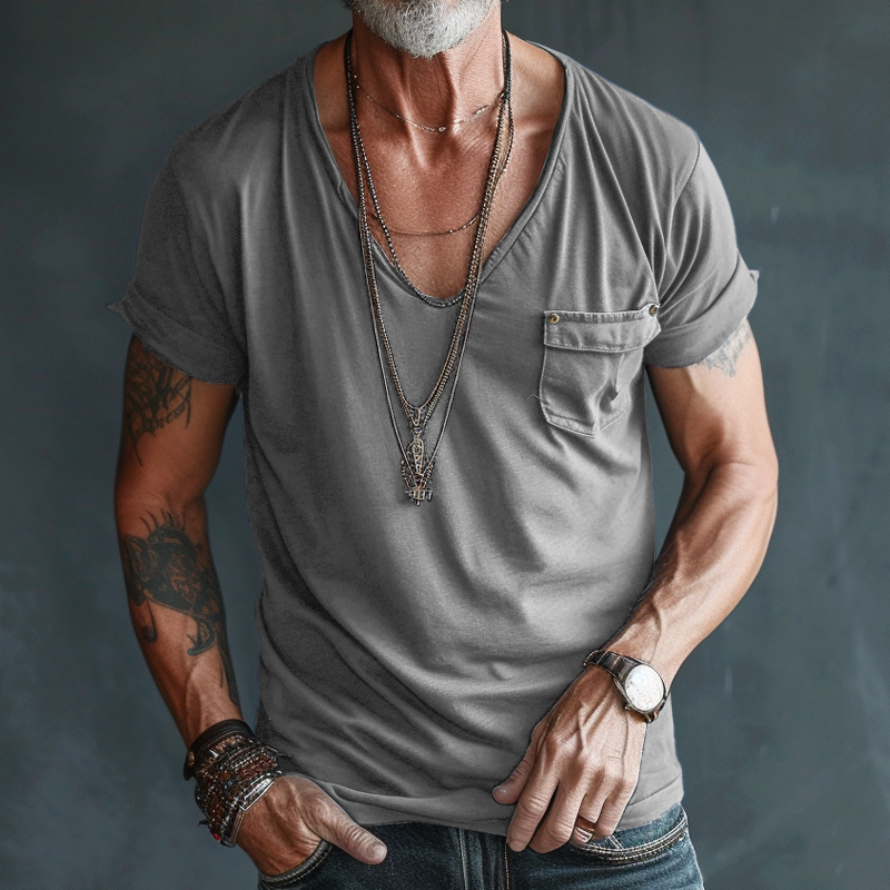 Men's V Neck Breast Pocket Short Sleeve Cargo T-shirt 9261116817592