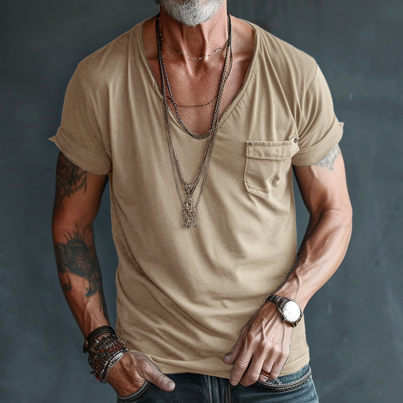 Men's V Neck Breast Pocket Short Sleeve Cargo T-shirt 9261116817592