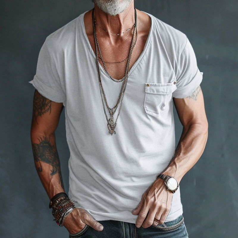 Men's V Neck Breast Pocket Short Sleeve Cargo T-shirt 9261116817592