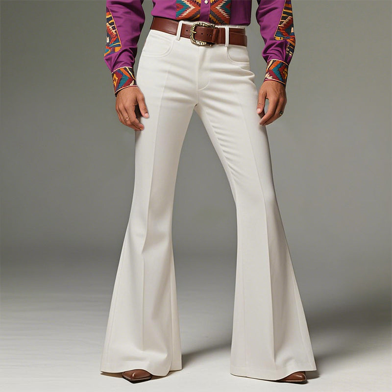 Men's Side Pockets Flared Leg Solid Color Retro Pants 9956580491448