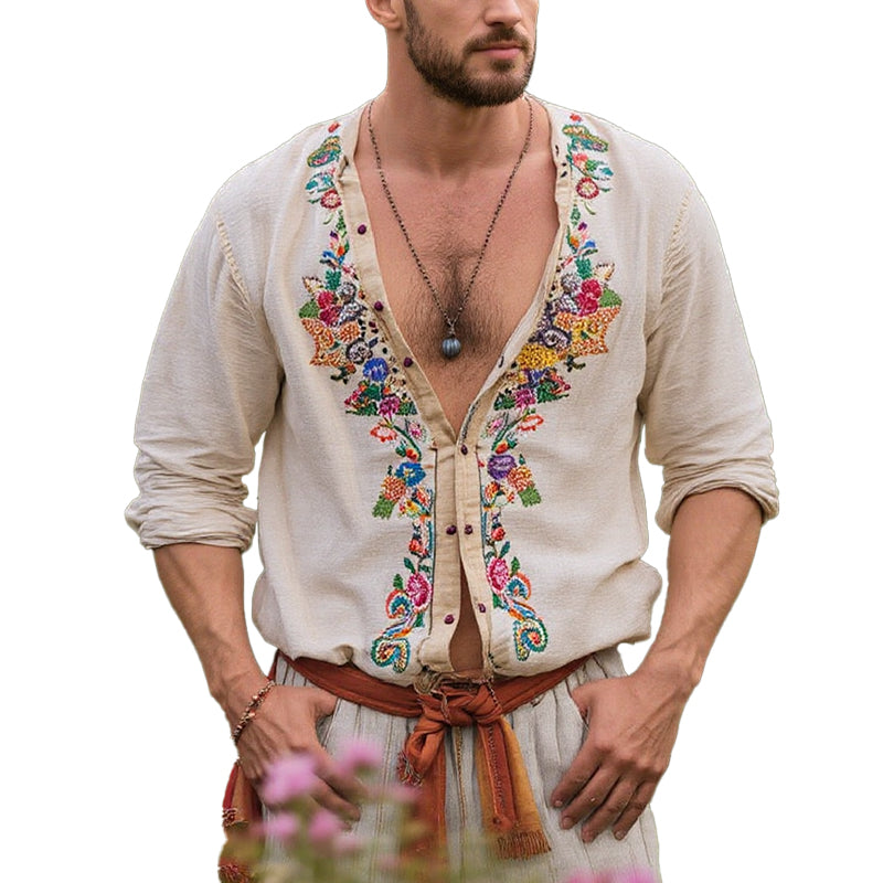 Men's Casual Vintage Embroidered Long Sleeve Shirt 9261777518776