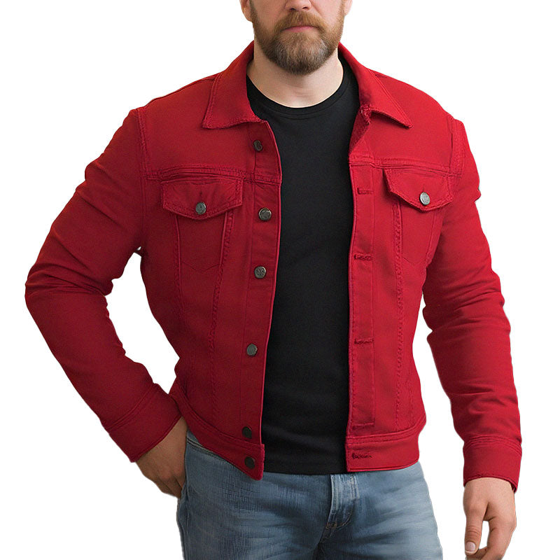 Men's Classic Solid Color Lapel Single Breasted Cargo Denim Jacket 9261078610104