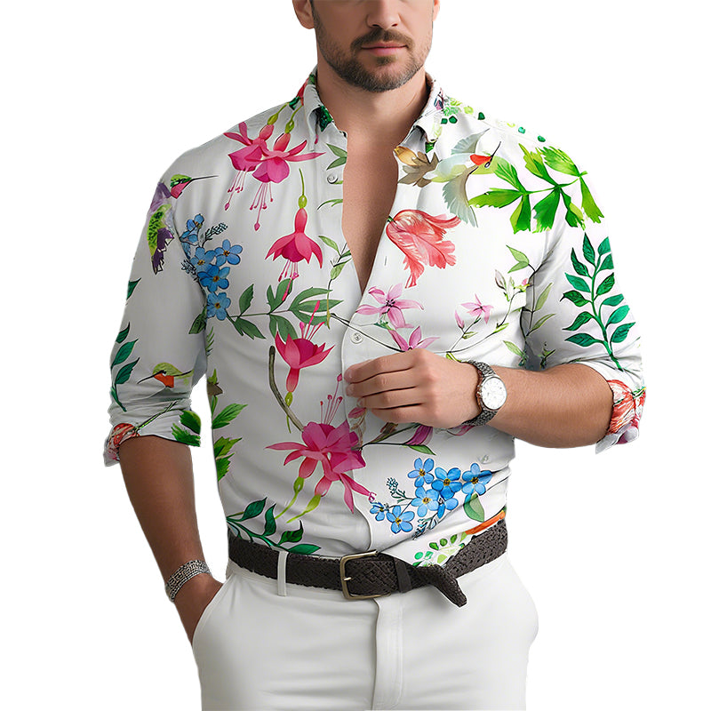 Men's Hawaiian Floral Print Long Sleeve Lapel Shirt 9261795803320