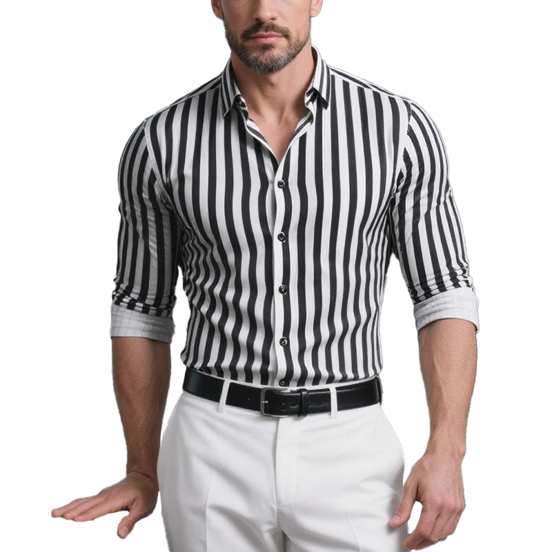Men's Spring and Summer Fashion Vertical Striped Long Sleeve Shirt 9922016379064
