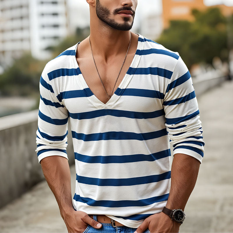 Men's Casual Striped Henley Collar Long Sleeve T-Shirt 9261117243576