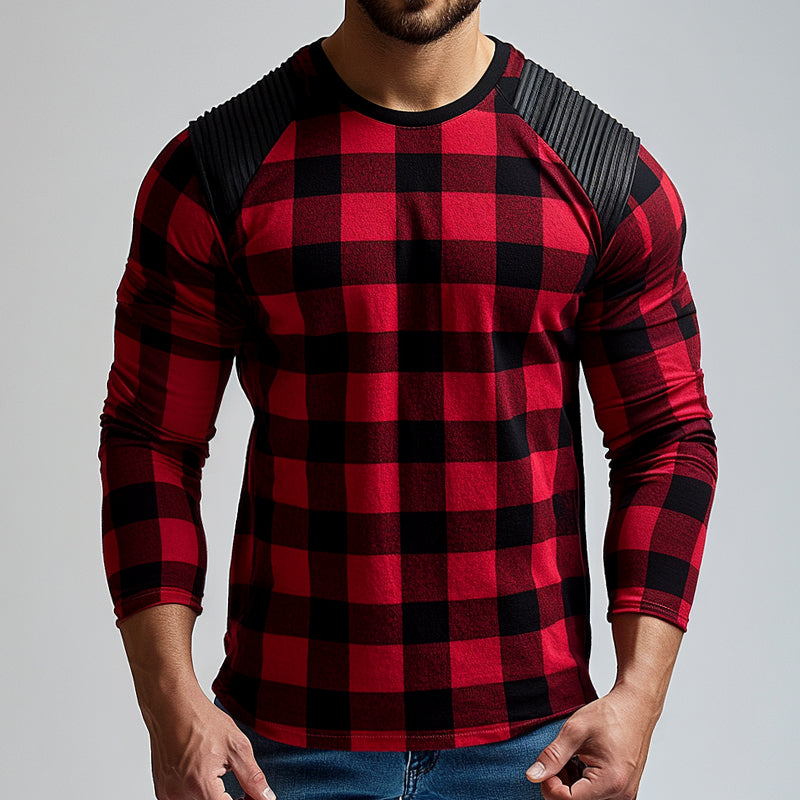 Men's Retro Casual Pleated Plaid Printed Round Neck Long Sleeve T-Shirt 9893975490744