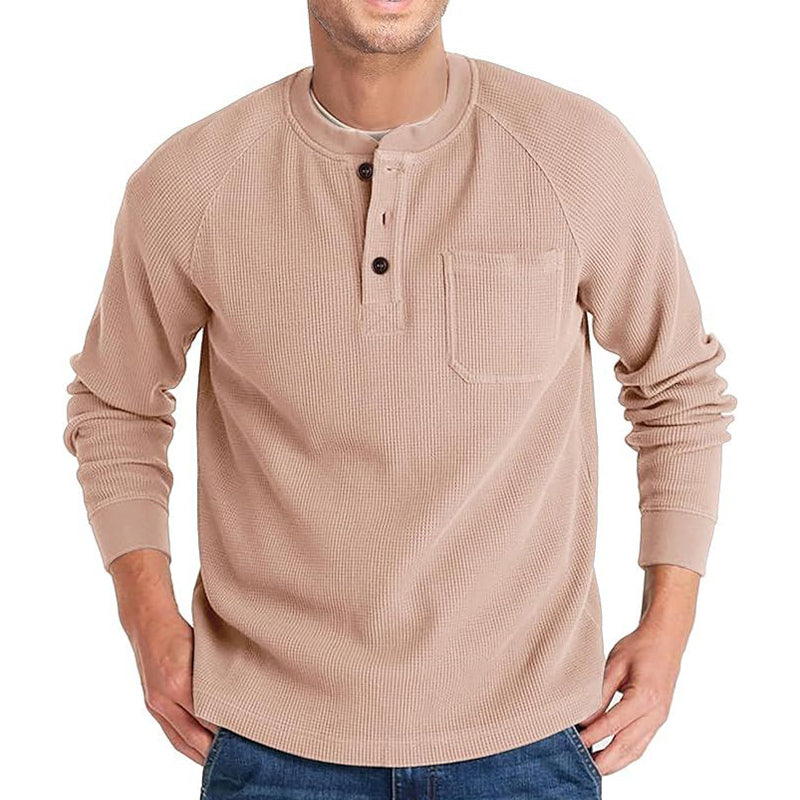 Men's Casual Pit Grid Button Round Neck Long Sleeve T-Shirt 9892392730808