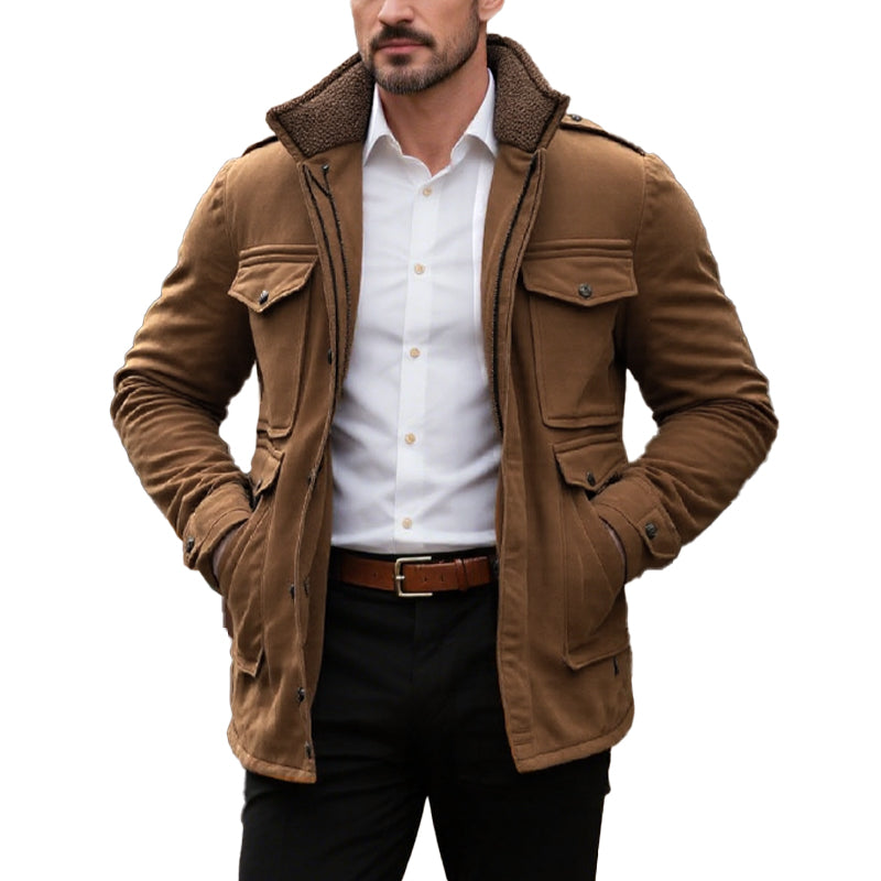 Men's Vintage Suede Fleece Collar Patchwork Multi-Pocket Zipper Coat 9261101252792