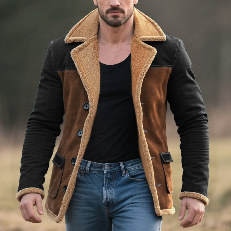Men's Fleece Colorblock Suede Lapel Suede Single Breasted Multi-pocket Coat 9261105283256