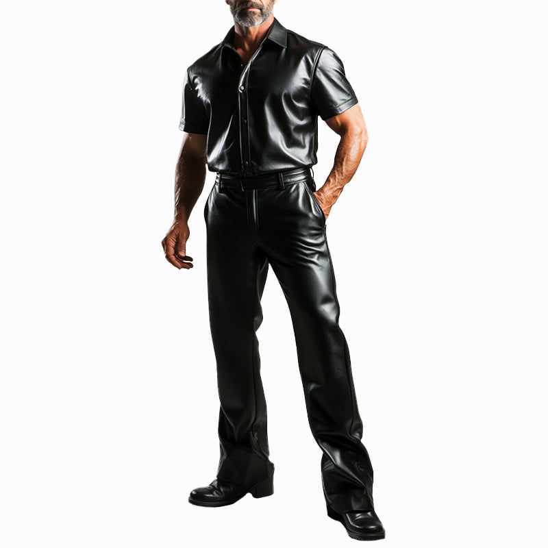 Men's Fashion PU Leather Short Sleeve Shirt & Pocket Pants 2Pcs Set 9906596479160