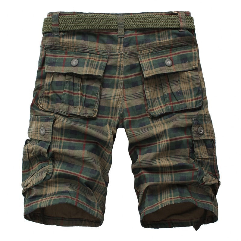 Men's Plaid Pattern Side Pockets Zipper Button Closure Summer Cargo Shorts 250600709X
