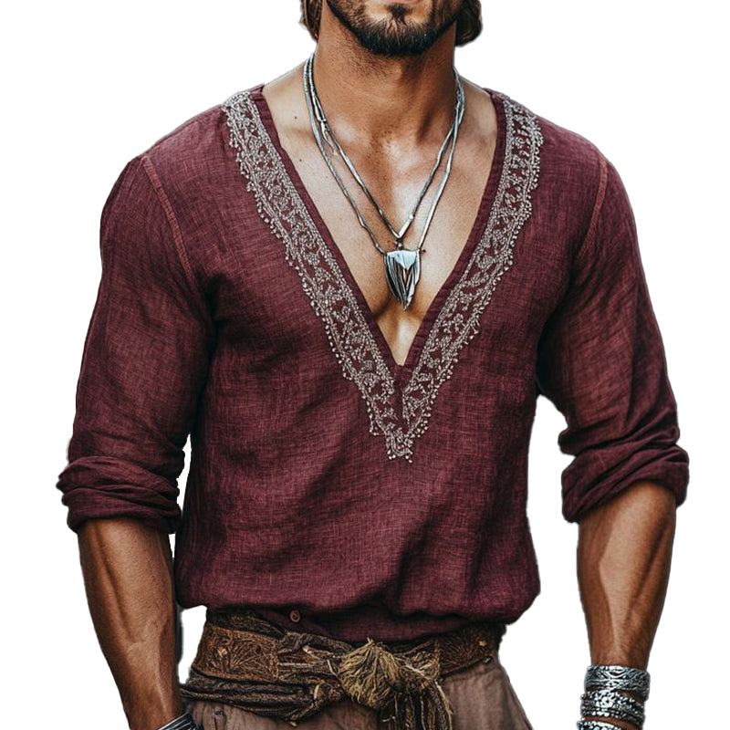 Men's Vintage Lace Patchwork V-neck Long-sleeved T-shirt 9892050665656