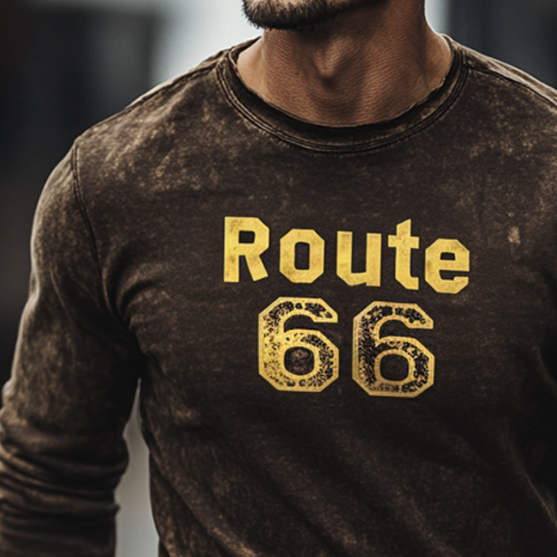 Men's Retro Casual Route 66 Printed Crew Neck Long Sleeve T-Shirt 9911545888952