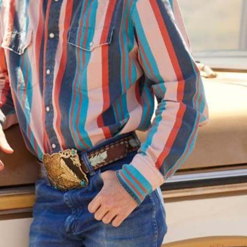 Men's Retro Casual Western Style Vertical Striped Long Sleeve Shirt 9903260893368