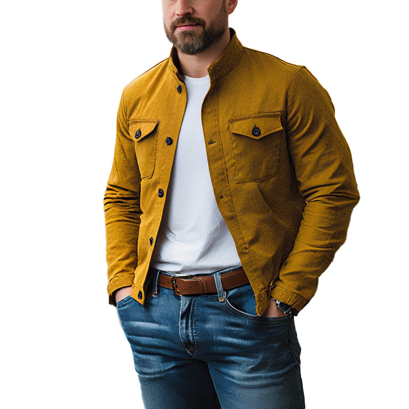 Men's Casual Cotton Linen Stand Collar Slim Fit Long Sleeve Shirt 9883352826040