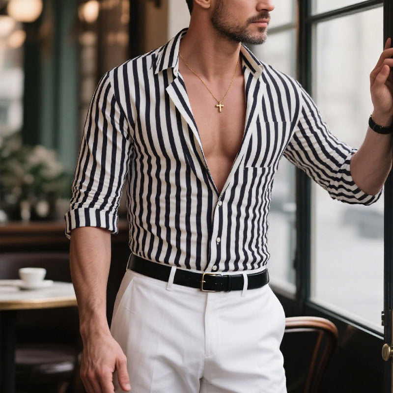 Men's Spring and Summer Fashion Vertical Striped Long Sleeve Shirt 9922016379064