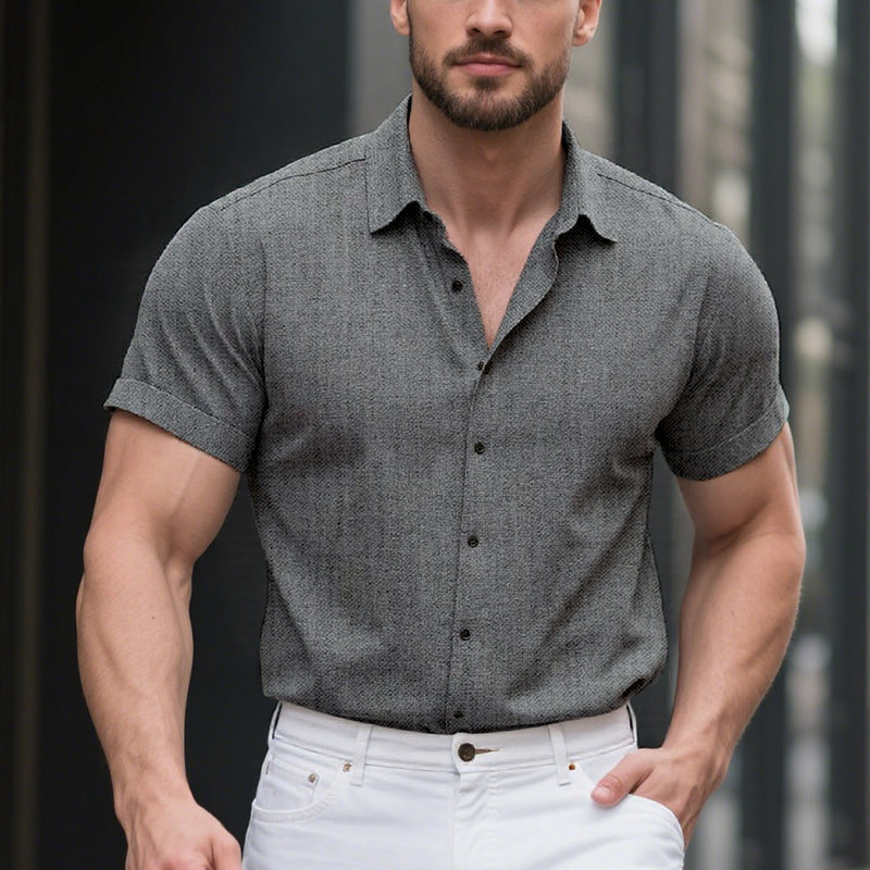 Men's Solid Color Lapel Cotton Linen Short Sleeve Shirt 9261774897336