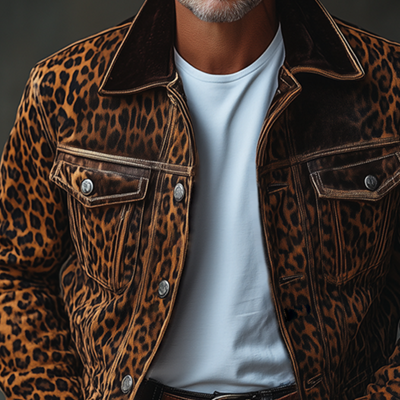 Men's Fashion Leopard Suede Lapel Chest Pocket Single Breasted Cargo Jacket 9261078905016