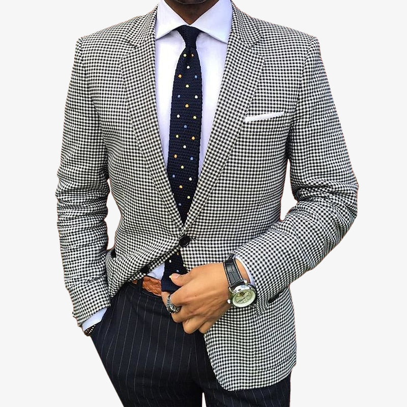 Men's Business Houndstooth Pattern Button Notch Lapel Blazer 9888556023992