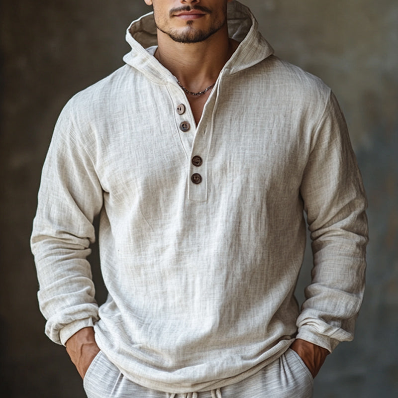 Men's Skin-friendly Off-White Cotton and Linen Long-sleeved Hoodie 9892048961720