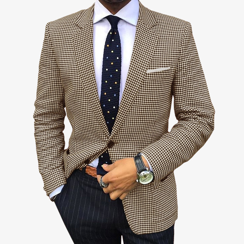 Men's Business Houndstooth Pattern Button Notch Lapel Blazer 9888556023992