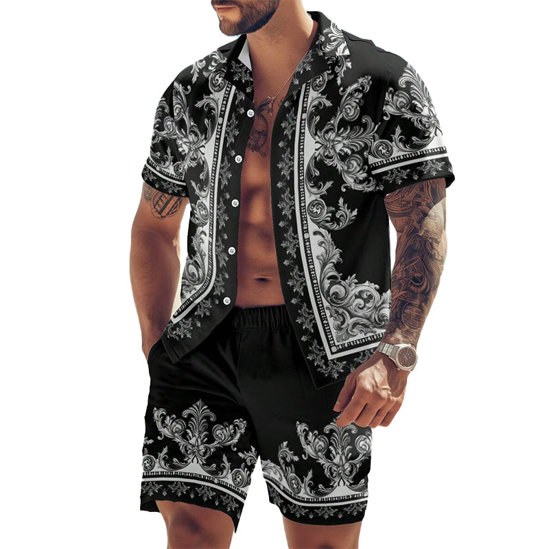 Men's Vacation Cashew Flower Print Short-sleeved Shorts Two-piece Set 9918989566136
