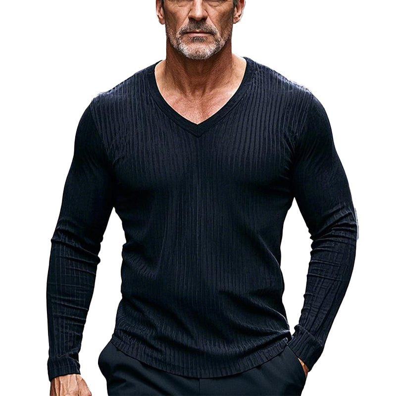 Men's Casual Striped V-Neck Long Sleeve T-Shirt 9906102403256