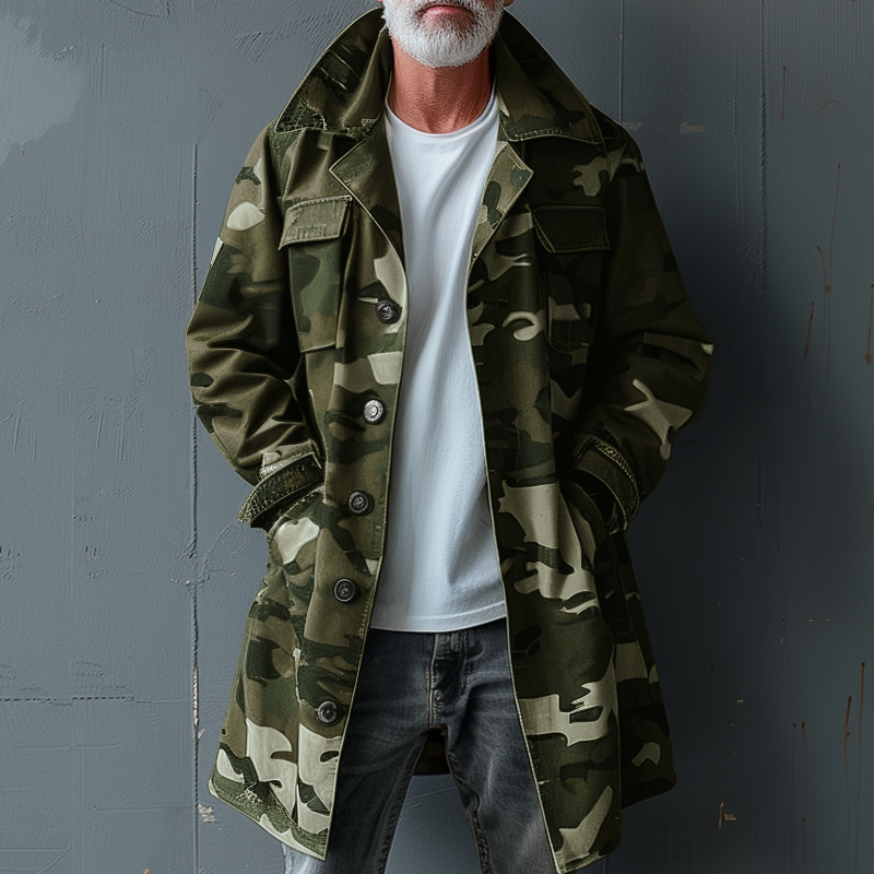 Men's Camouflage Lapel Breast Pocket Single Breasted Mid-length Cargo Trench Coat 9261100368056