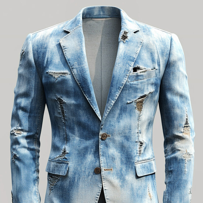 Men's Notch Lapel Long Sleeve Two Button Ripped Denim Blazer 9951402000568