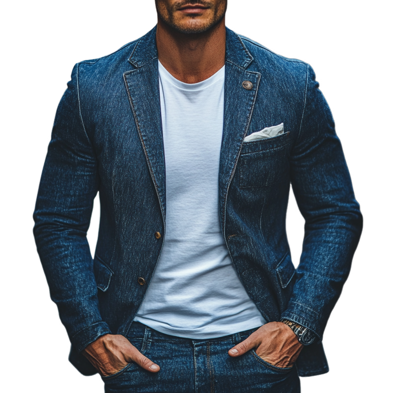 Men's Fashion Single-Breasted Lapel Denim Blazer 9892050141368