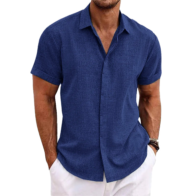 Men's Solid Color Lapel Cotton Linen Short Sleeve Shirt 9261774897336