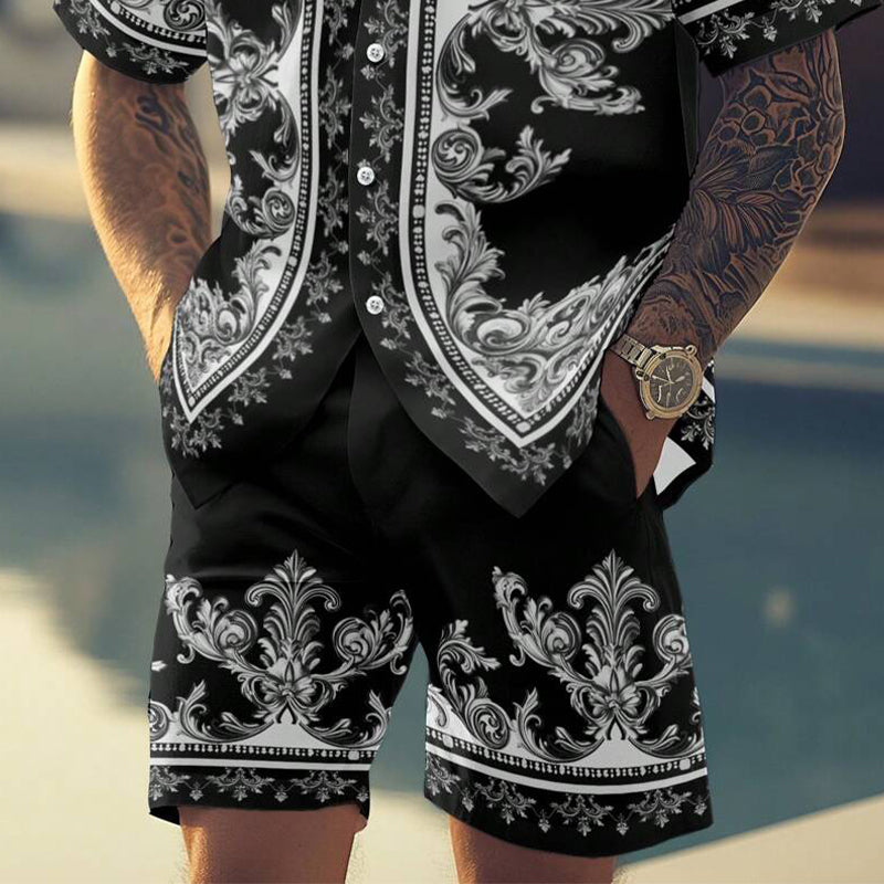 Men's Vacation Cashew Flower Print Short-sleeved Shorts Two-piece Set 9918989566136