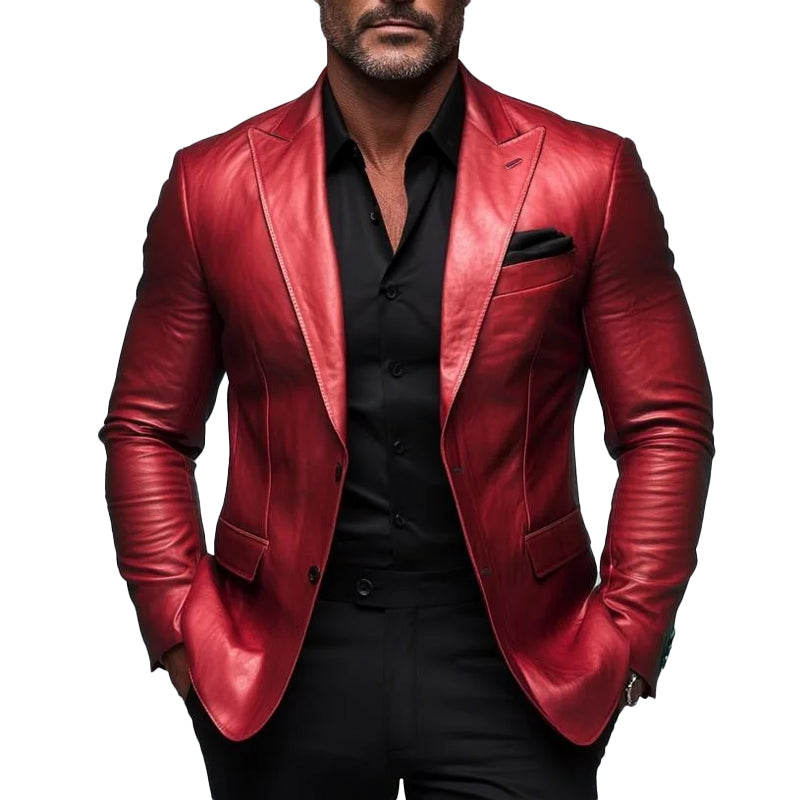 Men's PU Leather Two Button Peaked Lapel Long Sleeve Solid Blazer 9899608408248