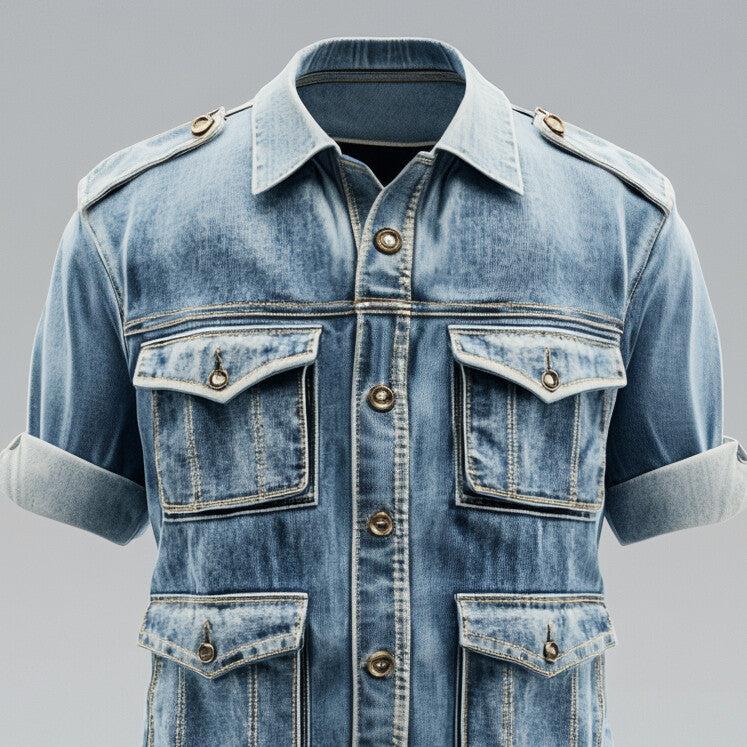 Men's Turndown Collar Long Sleeve Flap Pocket Denim Safari Shirt 9951401017528