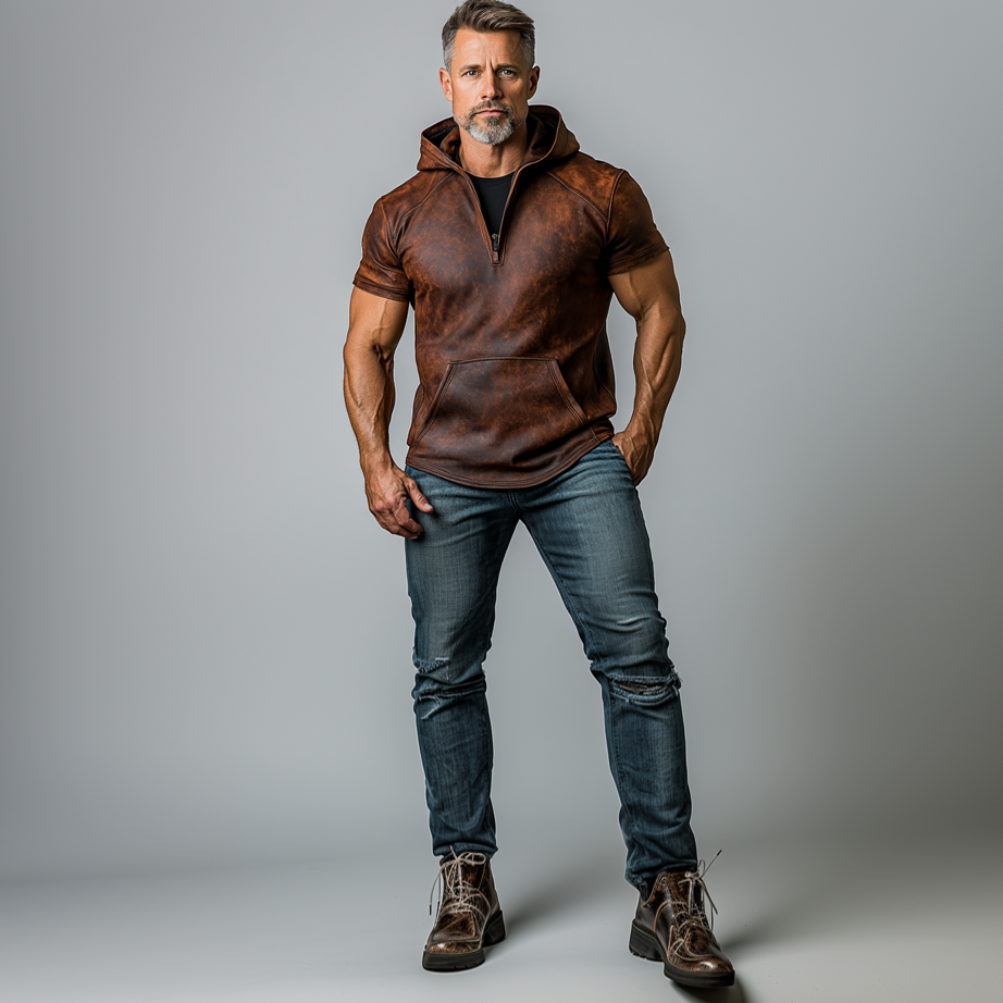 Men's Distressed PU Leather Half Zipper Pocket Short Sleeve Hoodie 9906596741304