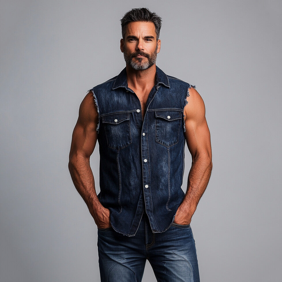 Men's Turndown Collar Button Sleeveless Raw Edge Denim Vest 9903586607288