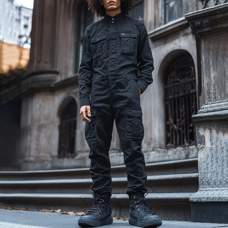 Men's Fashion Denim Long Sleeve Multi-pocket Cargo Jumpsuit 9893975261368