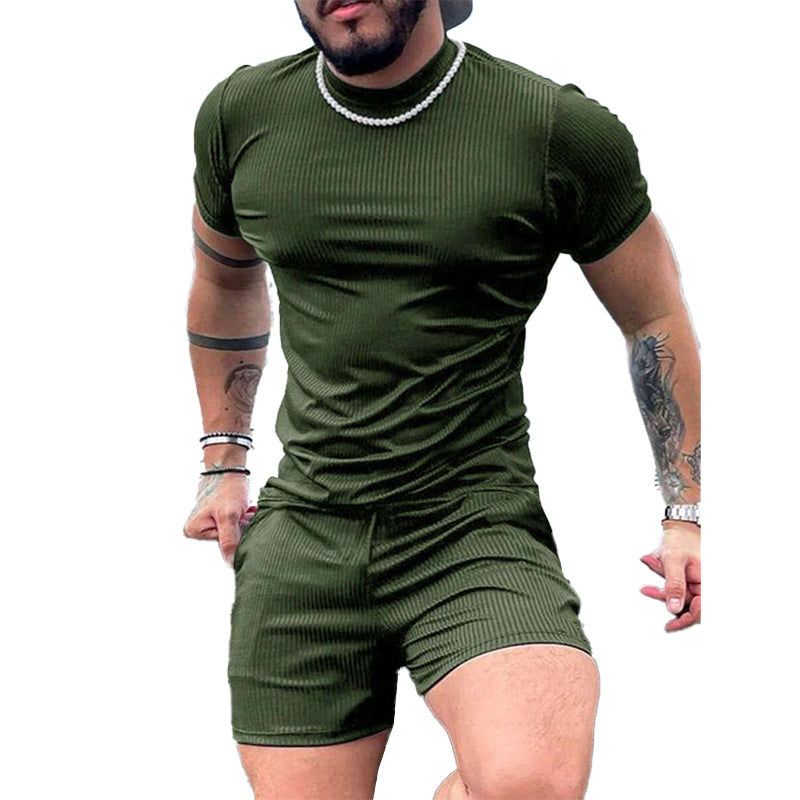 Men's Striped Textured Shorts Short Sleeve Two-Piece Set 9918989631672