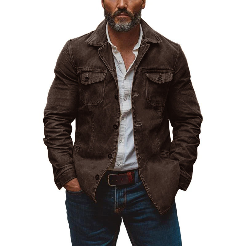 Men's Vintage Heavy Washed Leather Lapel Single Breasted Multi-Pocket Work Jacket 9261077692600