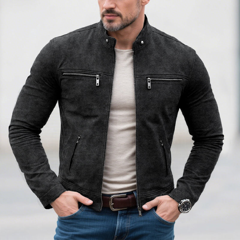 Men's Classic Casual Slim Fit Zipper Multi-Pocket Stand Collar Suede Jacket 9261089063096