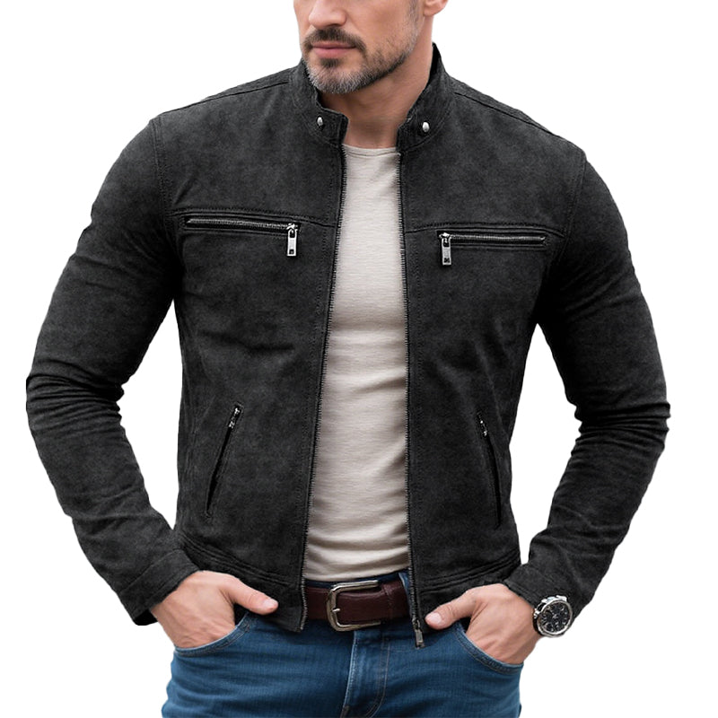 Men's Classic Casual Slim Fit Zipper Multi-Pocket Stand Collar Suede Jacket 9261089063096