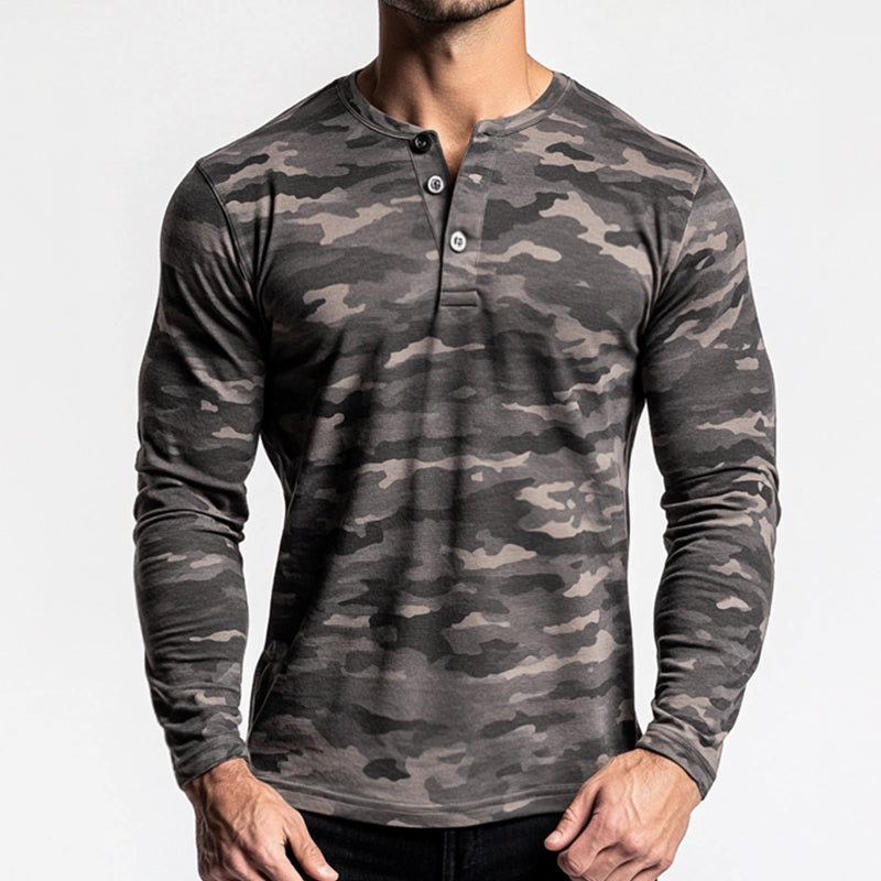 Men's Vintage Casual Camouflage Print Henley Neck Long Sleeve T-Shirt 9899719753912